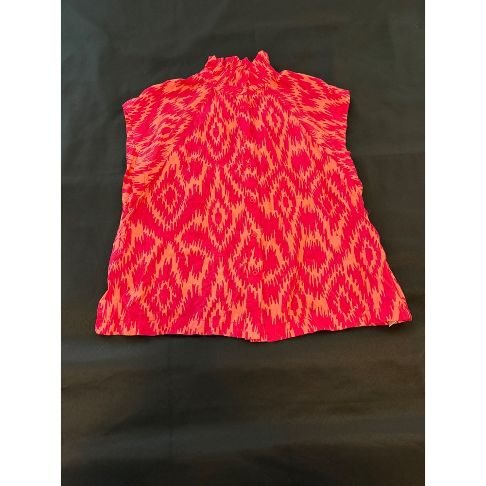 Umgee Pink Orange Ikat Ruffle Neck Sleeveless Button Down Blouse K0221 Small